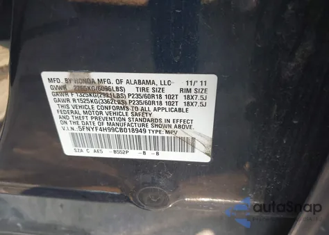 2012 Honda Pilot Touring z USA, uszkodzony, nr VIN 5FNYF4H99CB018949